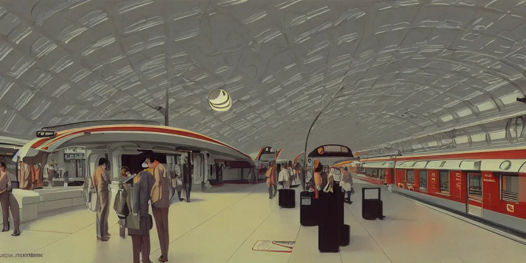 Image similar to retrofuturistic train station by syd mead and ron cobb