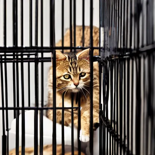 Prompt: cats in a cage in kitchen,
