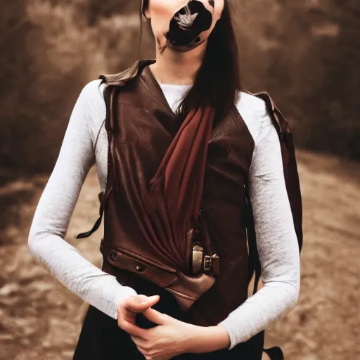 Image similar to a dark - haired girl trying on a brown hitch - hiking glove