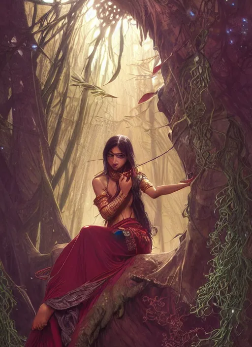 Prompt: kuntilanak on tree, d & d, wet, shiny, fantasy, intricate, elegant, higly detailed, dramatically art, ultra definition, digital painting, artstation, concept art, smooth, sharp focus, illustration, art by artgerm and greg rutkowski and alphonse mucha and garis edelweiss and alex flores