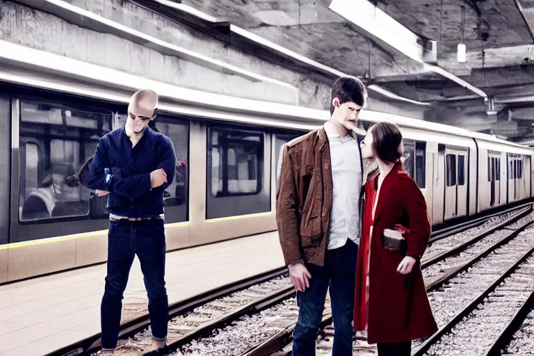 Image similar to vfx movie couple in a train station flat color profile edge lit cinematography