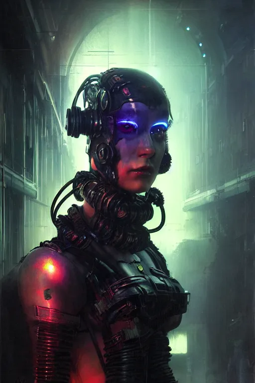 Image similar to a cybergoth warhammer character, dystopian mood, cinematic film look, super realistic , neon, sci-fi character portrait by gaston bussiere, craig mullins