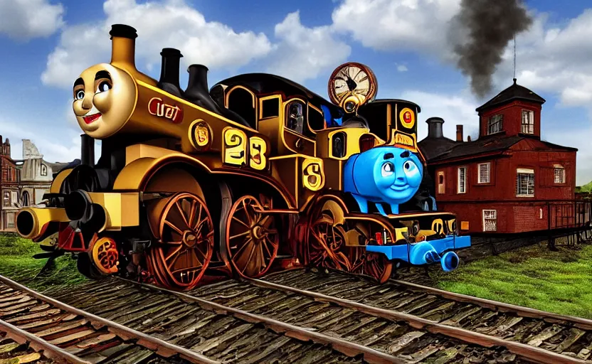 Prompt: A steampunk re-imagination of Thomas the tank engine train, modern digital art