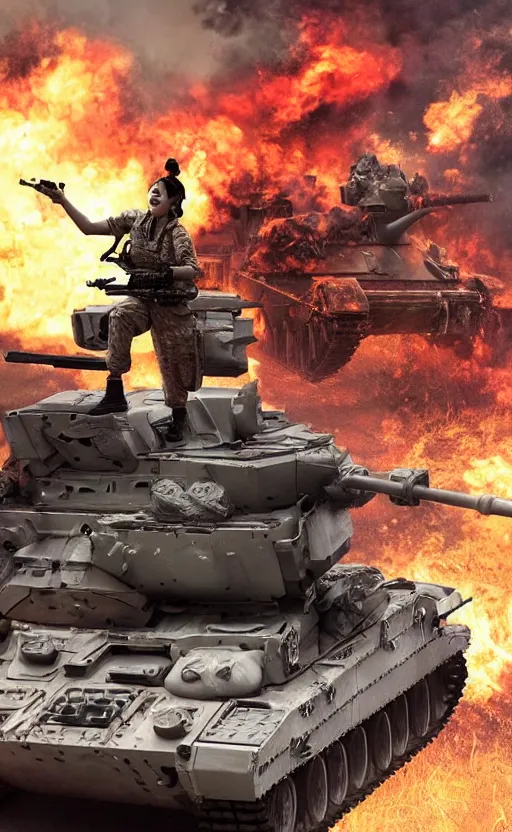 Image similar to war photo of a screaming female and asian tank commander getting outside of her vehicle, highly detailed, smoke and flames in the background, high resolution, cosplay photo, stunning, girls frontline style, bokeh soft, shot on 70mm, zenithal lightning, trending on instagram, by award winning photographer, realistic human anatomy, real human faces, realistic military carrier, soldier clothing, modern warfare, shot with a professional camera, low saturation, soldier clothing