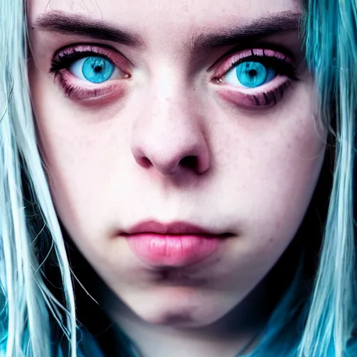 Image similar to Portrait of Billie Eilish with enormous Anime eyes, vogue, perfect face, intricate, Sony a7R IV, symmetric balance, polarizing filter, Photolab, Lightroom, 4K, Dolby Vision, Photography Award