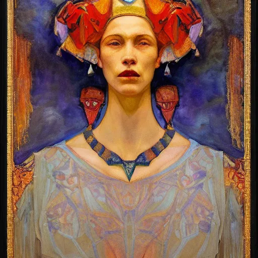 Image similar to the crown of madness, by Annie Swynnerton and Nicholas Roerich and Diego Rivera, bioluminescent skin, elaborate costume, geometric ornament, symbolist, rich color, dramatic cinematic lighting, smooth, sharp focus, extremely detailed