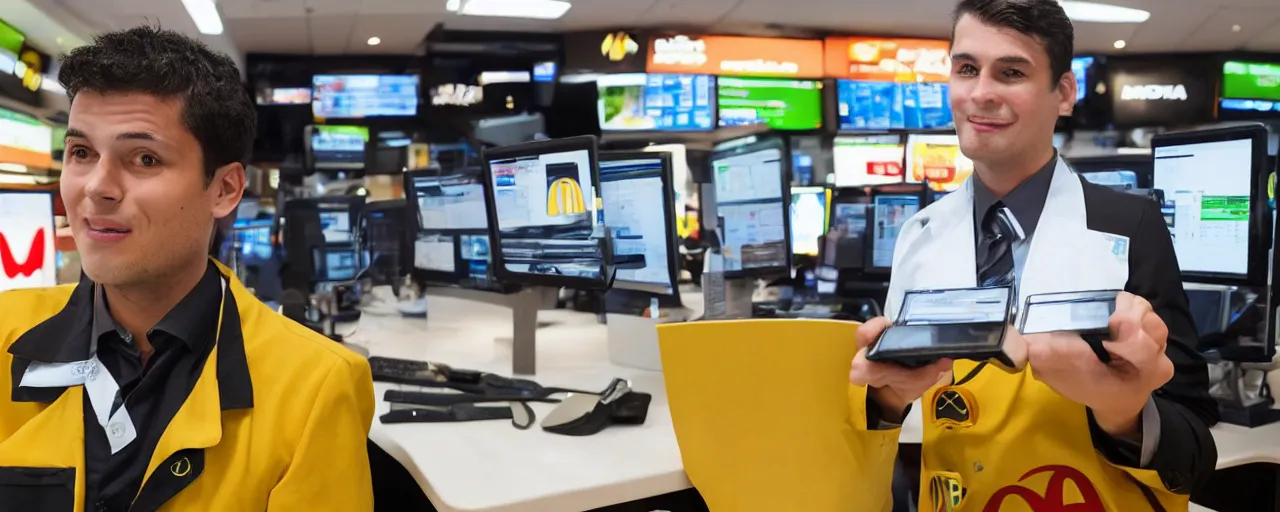 Image similar to ex crypto currency trader working in mcdonals