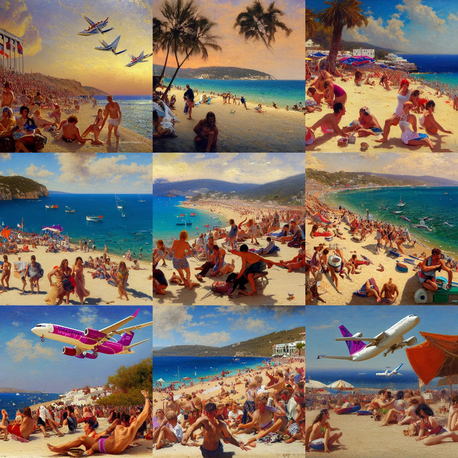 Prompt: wizzair airbus a 3 2 1 neo landing at skiathos airport, low over the heads of the people on the beach, highly detailed painting by gaston bussiere, craig mullins, j. c. leyendecker 8 k