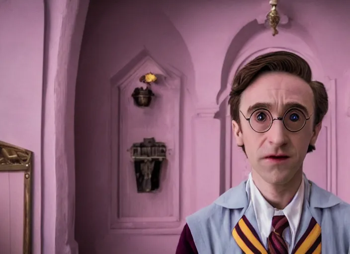 Image similar to a film still of cosplay of harry potter in the grand budapest hotel ( 2 0 1 4 ), 4 k
