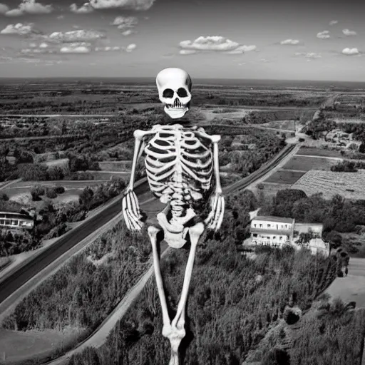 Prompt: a high resolution realistic photo of a giant skeleton standing in a small town, the photo was taken from a plane, ultra high detail, realistic.