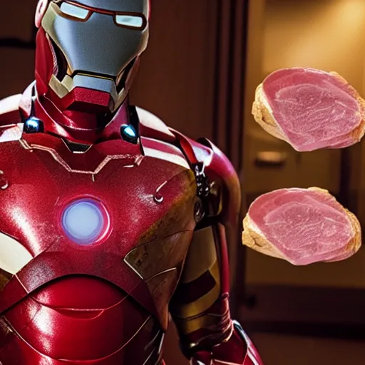 Image similar to ironman body with a cooked ham as his head, movie still, 8 k