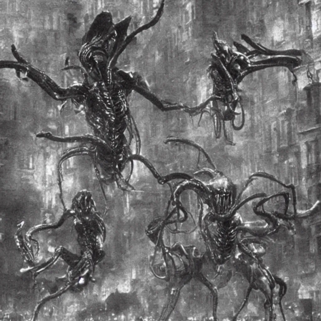 Prompt: old black and white photo, 1 9 1 3, depicting a xenomorph from the movie aliens rampaging through the bustling streets of paris, historical record, dirt, glitch