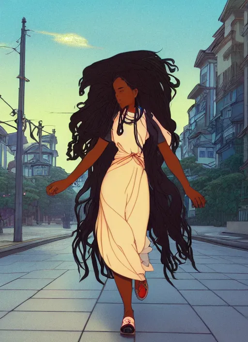 Prompt: pretty young black woman with long hair walking down a city street at dusk, path traced, highly detailed, high quality, digital painting, by studio ghibli and alphonse mucha, leesha hannigan, makoto shinkai, disney