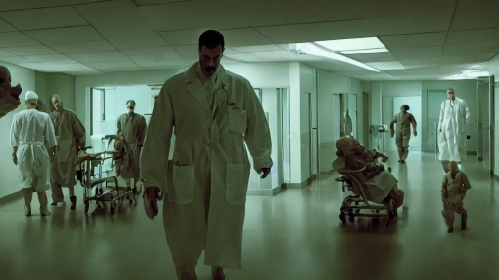 Image similar to monsters invade the hospital, film still from the movie directed by denis villeneuve and david cronenberg with art direction by salvador dali, wide lens