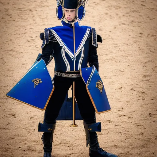 Image similar to low angle upper view of adult Austin Butler dressed in futuristic-baroque prussian blue duelist-garb with Griffin-Ram embroidery emblem, and nanocarbon-vest and greaves, standing in an arena in Dune 2020, XF IQ4, f/1.4, ISO 200, 1/160s, 8K, RAW, unedited, symmetrical balance, face in-frame