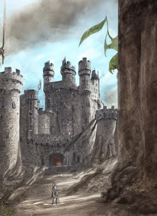 Image similar to huge and intricate castle in background, sword stuck in the dirt in the foreground, concept art