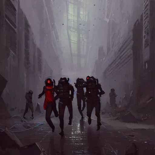 Image similar to concept art by greg rutkowski, three people running dressed in futuristic riot gear, in a claustrophobic, futuristic and brutalist environment, frightening and creepy atmosphere, scifi, highly detailed portrait, digital painting, artstation, concept art, smooth, sharp foccus ilustration, artstation hq