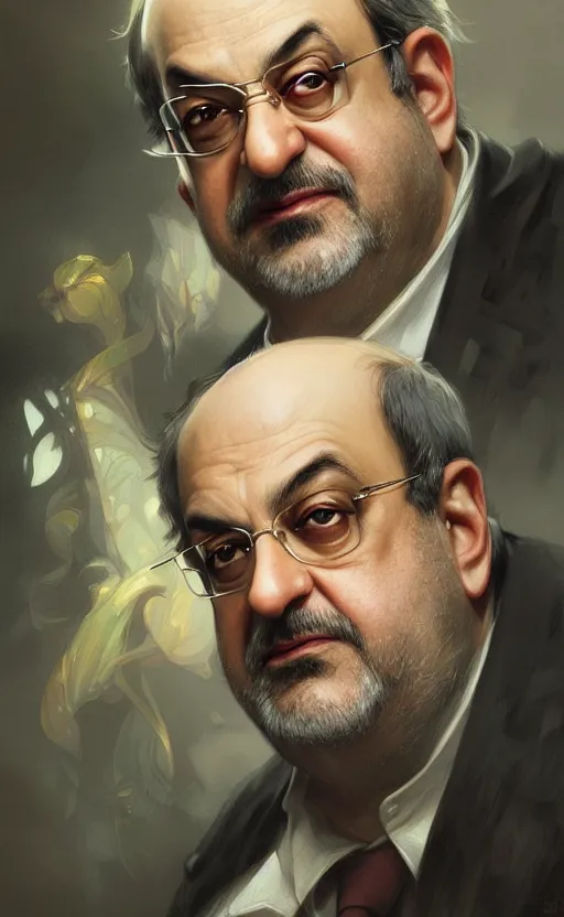 Image similar to portrait of salman rushdie, deep focus, d & d, fantasy, intricate, elegant, highly detailed, digital painting, artstation, concept art, matte, sharp focus, illustration, art by artgerm and greg rutkowski and alphonse mucha