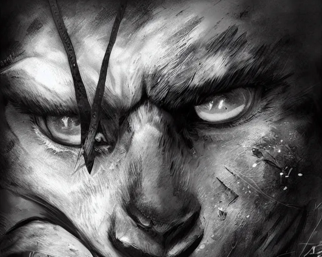 Image similar to A soldier holding a warrior cat in world war 1, close-up, realistic face, beautiful face detail, mature facial features, black and white, amazing digital art, hyper detailed, artstation, in the style of Tony Sart