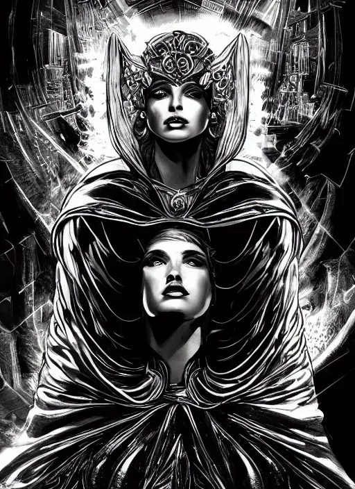 Image similar to portrait, queen of eternal beauty and Power, black and white comic panel, cover Art, Dynamic lighting, cinematic, establishing shot, extremely high detail, photo realistic, cinematic lighting, pen and ink, intricate line drawings, post processed, concept art, artstation, matte painting, midjourney, style by alex ross, neal adam