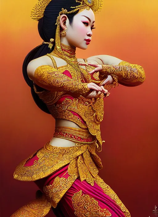 Prompt: javanese traditional dance, surealism, aesthetic, shiny, fantasy, intricate, elegant, extremely higly detailed, digital painting, artstation, face perfect, baroque, body perfect, concept art, octane render, cycles render, smooth, sharp focus, full body focus, illustration, digital painting, art by artgerm and greg rutkowski and alphonse mucha