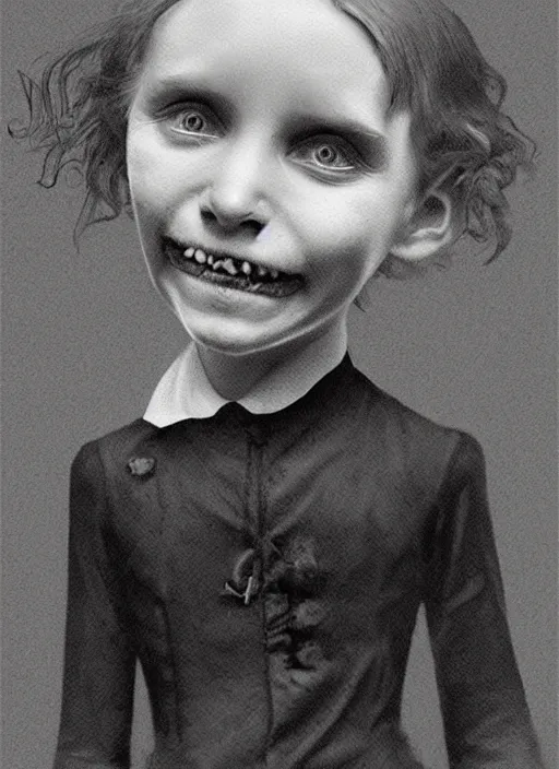 Image similar to portrait of an evil victorian child with dark sunken eyes and a creepy grin, digital art, trending on artstation