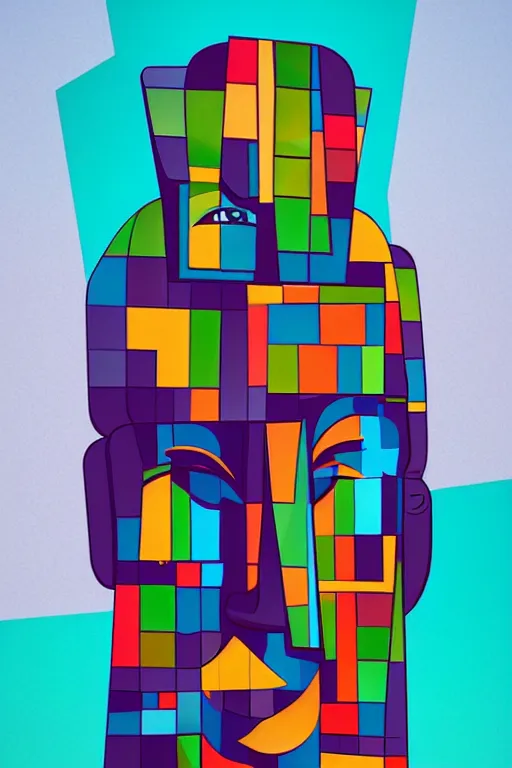 Image similar to cubist moai statue cutout digital illustration cartoon colorful beeple