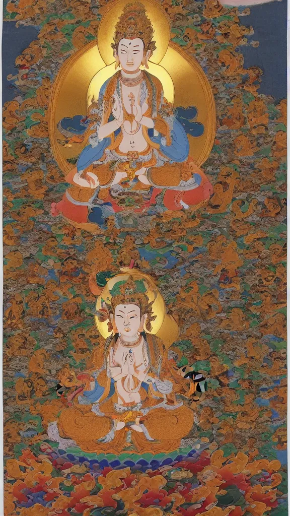 Image similar to a stunning intricate high-quality ornate ultradetailed Manjusri bodhisattva subdue demons, thangka arts, Tibetan, ca 12th century, Manjusri bodhisattva is shown seated on a lotus throne, with his right hand resting on his knee and his left hand holding a sword, Manjusri bodhisattva wears a crown and ample robes, and he has a serene expression on his face. The background is decorated with an intricate pattern of flowers and clouds, 64 megapixels, HDR, filmic, Octane, 8K resolution, ultrafine detail, ultrawide-angle lens, micro details, ray tracing,