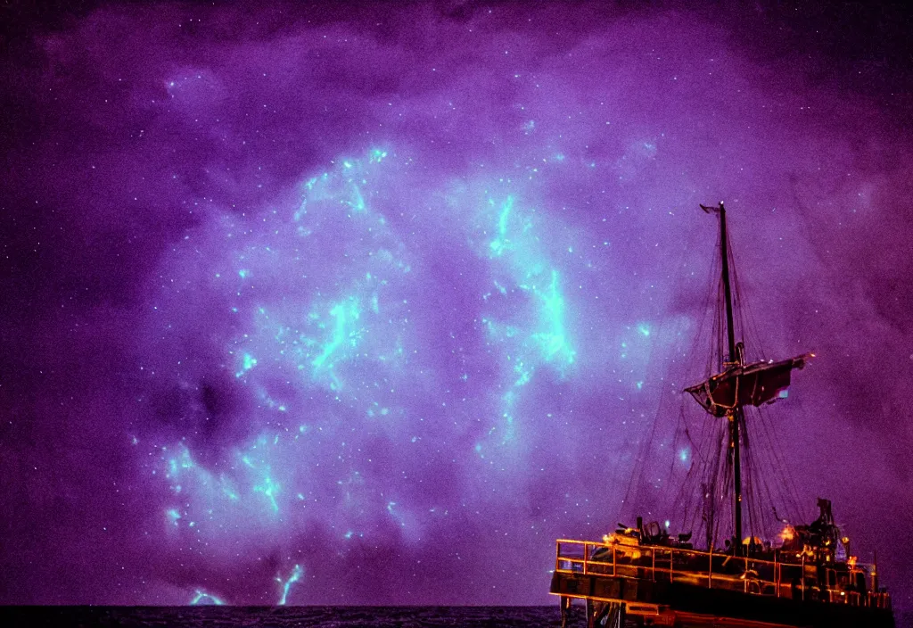 Prompt: purple color lighting storm with stormy sea,pirate ship firing its cannons with a water spout in the background. trippy nebula sky 50mm shot, fear and loathing movie