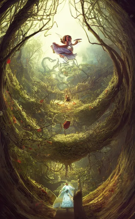 Image similar to alice in wonderland looking into a portal hopping and time warping with reckless abandon, masterpiece digital painting by Greg Rutkowski, Alex Grey, artstation, 4k wallpaper