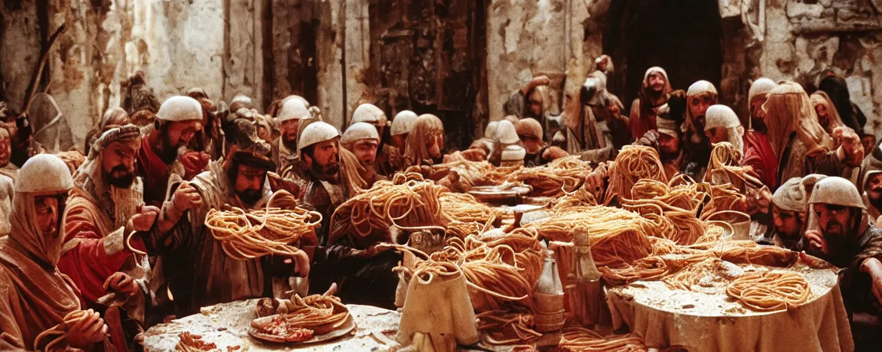Image similar to eating spaghetti during the seige of constantinople, 7 0 0 ad, small details, intricate, 5 0 mm, cinematic lighting, photography, wes anderson, film, kodachrome