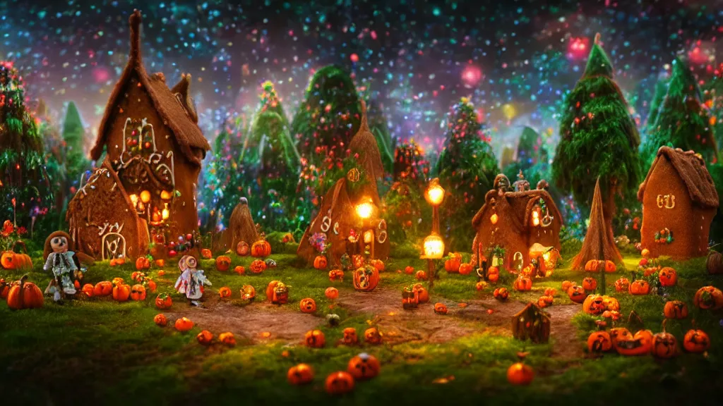 Prompt: gingerbread village, cinematic scene, studio lighting, colorful, fantasy, intricate, forest, fireflies, flowers, halloween, fairytale, hansel and gretel, background blur, bokeh, medium shot ( visually stunning, matte painting, concept art, trending on artstation )