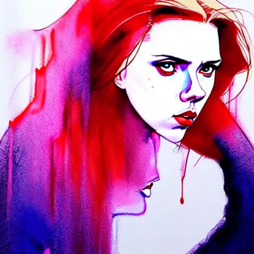 Image similar to phil noto, pretty scarlett johansson black widow, symmetrical eyes, long red hair, full body, by agnes cecile and moebius and envi bikal, very luminous design, pastel colours, ink drips, autumn lights