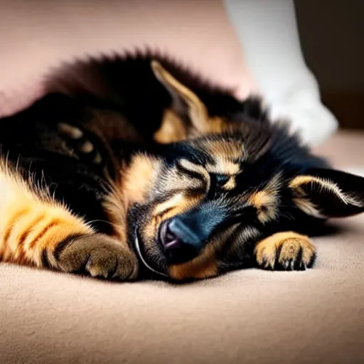 Image similar to detailed german shepherd sleeping in arms with a detailed kitten