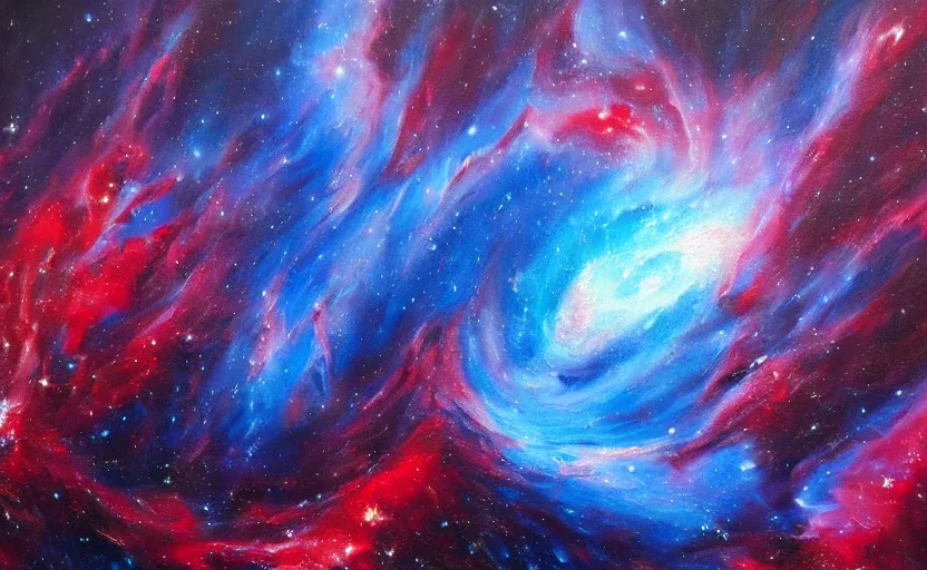 Prompt: an oil painting of a beautiful space nebula, red and blue; hyper-detailed; an extraordinary masterpiece!!!; flawless; trending on artstation