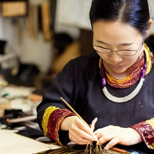 Image similar to A chinese female goldsmith at her desk crafting a necklace