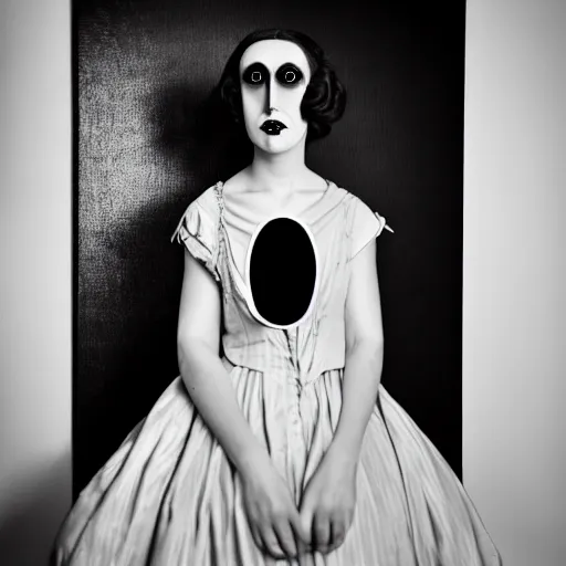 Image similar to old monochrom portrait photography of a beautiful cyclops girl with a single eye wearing a black dress, in a victorian interior, by man ray, alfred ghisoland, gemmy woud - binendijk, erwin olaf, 4 k,