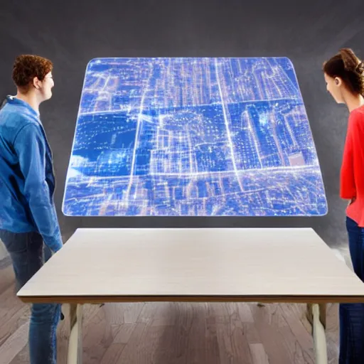 Image similar to people in a warehouse looking at a hologram of futuristic city on a table