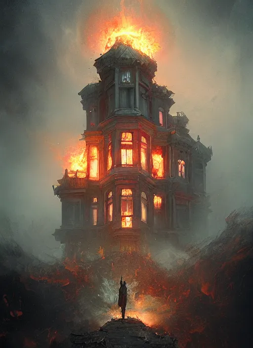 Prompt: shubniggurath destroying a glowing mansion in burning vapor dramatic lighting fantomatic head and faces floating catching fire, artstation, matte painting, bastien lecouffe deharme, aykut aydogdu, allen williams, artem chebokha