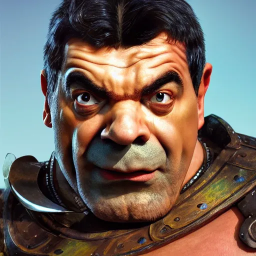 Prompt: upper body portrait of a heavily armoured hulking herculean chiseled mr bean rowan atkinson as a fantasy barbarian pirate orc ork, sunrays, cinematic lighting, photorealistic, octane render, 8 k, depth of field, 3 d, art by artgerm and greg rutkowski and alphonse mucha and uang guangjian and gil elvgren and sachin ten