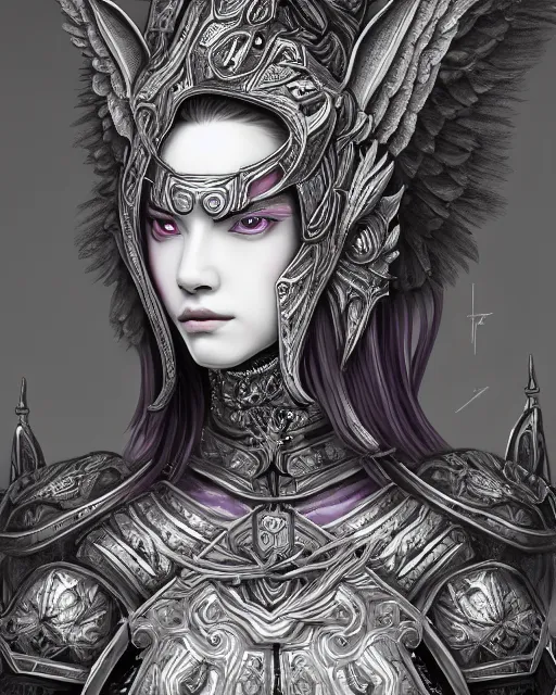 Prompt: Detailed portrait of the strangest angel, black and white armor, unique design, by Yun Taek Oh, fine details, pretty face, beautiful violet eyes, inside a palace, perfect, colorful background, 8k high detail, intricate, sharp focus, masterpiece, trending on artstation