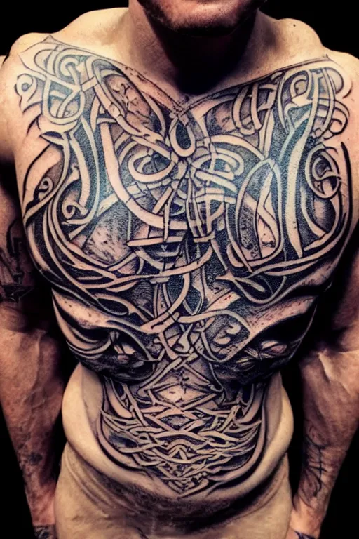 Prompt: Photorealistic frontal standing pose portrait of a muscular man chest and torso heavily tattooed with Elvish runes, letters and symbols, all his skin is covered by tattoos, from face to neck to toe, surrounded by magic lightings overlays, Intricate, concept art, magic lighting overlays, magical portal opened, D&D!, fantasy style, sharp focus!, ultra detailed, art by Artgerm and Peter Andrew Jones, WLUP, Magali Villeneuve
