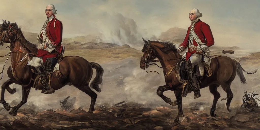 Image similar to George Washington rides a motorcycle to attack the British army in the revolutionary war, epic, cinematic, concept Art, detailed, 4K