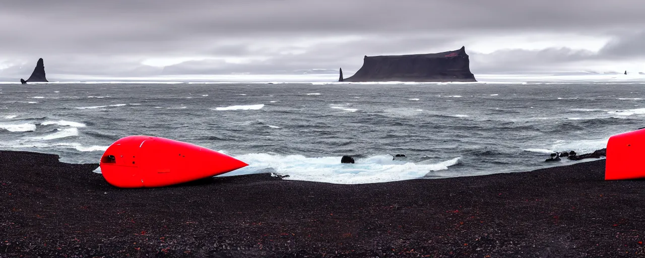 Image similar to cinematic shot of giant symmetrical red military spacecraft landing on an endless black sand beach in iceland with icebergs in the distance, 2 8 mm, shockwave