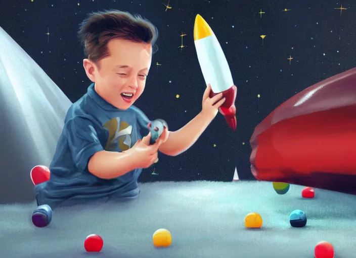 Prompt: elon musk as a toddler playing with his space rockets on a fluffy rug, concept art, digital painting, soft cinematic lighting, artstation