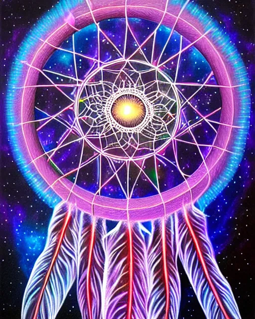 Image similar to detailed realistic dreamcatcher geometric glow painting a jellyfish emitting light in the cosmos by alex grey symmetry