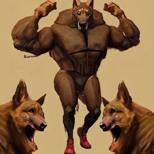 Prompt: a humanoid german shepherd beast - man, wearing gym suit, trains in the gym, artstation, concept art, smooth, sharp foccus ilustration, artstation