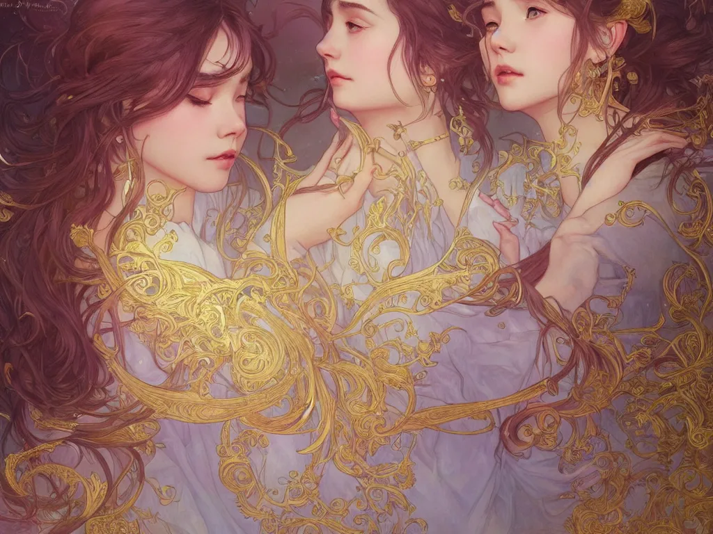 Image similar to iu novel close up cover, highly detailed, gold filigree, romantic storybook fantasy, soft cinematic lighting, award, disney concept art watercolor illustration by mandy jurgens and alphonse mucha and alena aenami, pastel color palette, featured on artstation