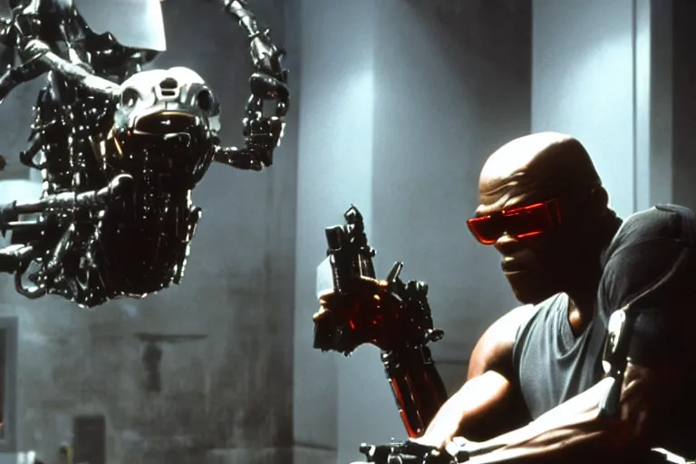 Image similar to Samuel L. Jackson plays Terminator and his endoskeleton is visible, action scene from the film