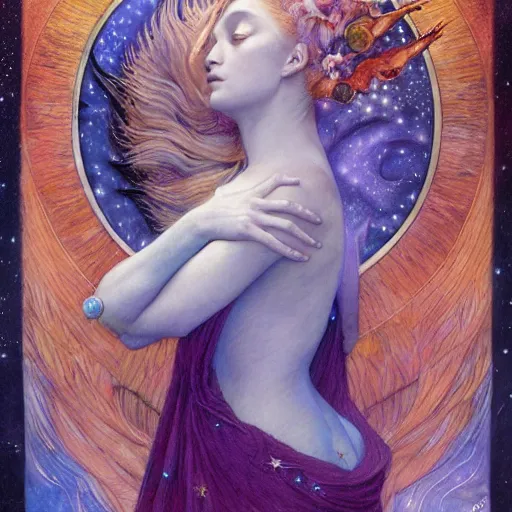 Image similar to queen of the moon with stars in her hair, by annie swynnerton and tino rodriguez and donato giancola and nicholas roerich and jean delville and diego rivera and charlie bowater and dulac, dramatic lighting, god rays, geometric tattoos, rich colors, smooth sharp focus, extremely detailed, adolf wolfli